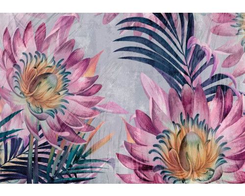 Fototapete mit gemalten Blumen und Blättern auf einem Betonsockel, mit künstlerischem Effekt.