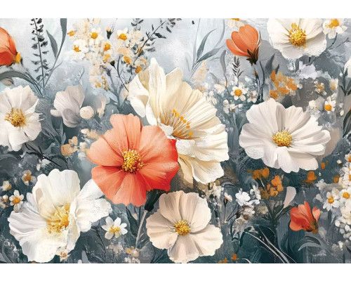 Fotobehang met geschilderde bloemen in oranje, crème en wit op een grijze achtergrond.
