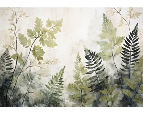 Grüne, detailliert gemalte Blätter erwachen auf dieser natürlich wirkenden Fototapete zum Leben.