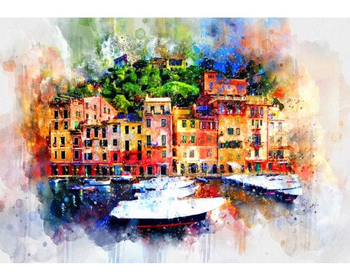 Fototapete eines gemalten Hafens mit Landschaft und Booten.