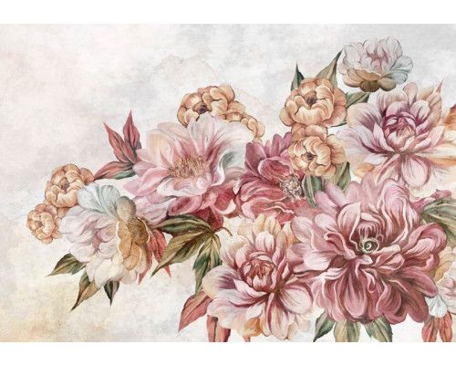 Fototapete mit gemalten altrosa Blumen im Vintage-Look.