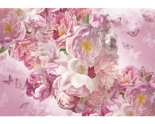 Fototapete von gemalten Pfingstrosen und rosa Blumen, mit Schmetterlingen in einer eleganten Komposition.