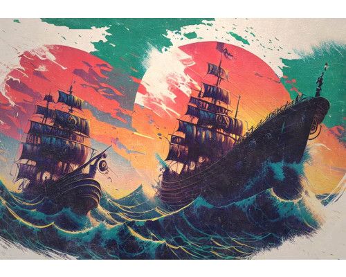 Fototapete von gemalten Piratenschiffen, die kunstvoll ein Boot darstellen.