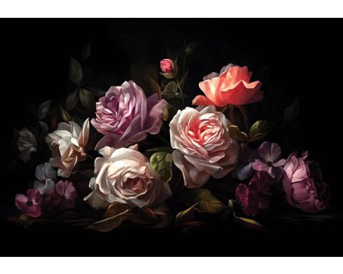 Gemalte Rosen in voller Blüte, elegant festgehalten auf einer detaillierten Fototapete.