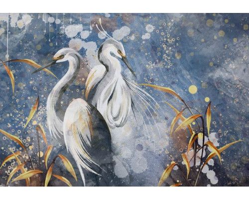 Fototapete mit anmutigen, gemalten Reihern in Goldtönen, die elegant in einer künstlerischen Komposition dargestellt sind.