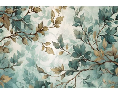 Gemalte Zweige und Blätter schmücken diese künstlerische Fototapete, die die Natur in den Mittelpunkt stellt.