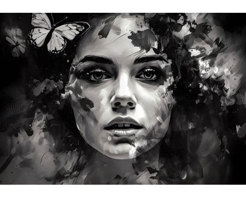 Gemalte Frau und Schmetterling, abgebildet in einem detaillierten Kunstporträt auf Fototapete.