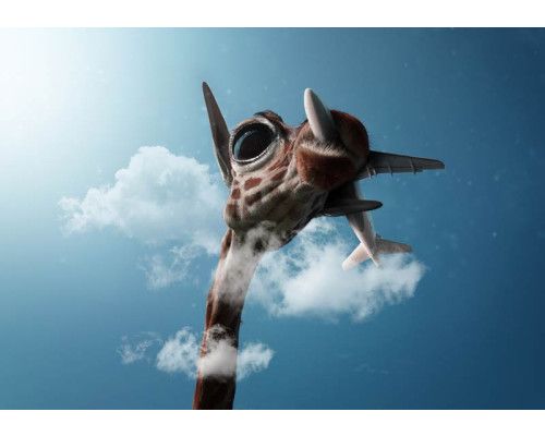Fototapete mit einer Giraffe, Luftverschmutzung und einem Flugzeug in den Wolken, surreales Bild.