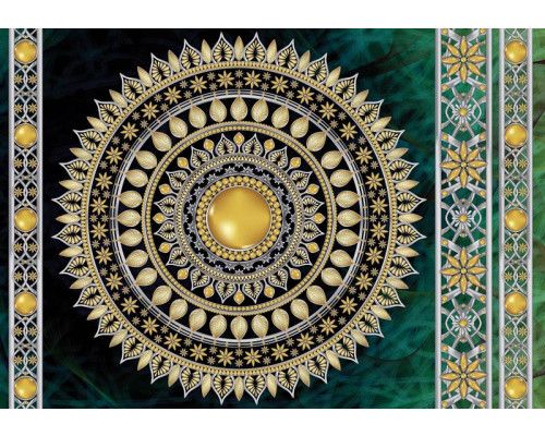 Smaragdgrünes und goldenes Mandala, Fototapete, die ein luxuriöses und künstlerisches Aussehen verleiht.