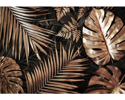 Eine luxuriöse Fototapete mit goldenen Blättern auf schwarzem Hintergrund.