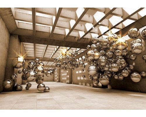 Fototapete mit goldenem Gebäude in 3D, funkelnden Stahlkugeln und abstrakten Formen.