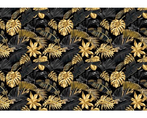 Goldene Dschungelblätter schmücken diese botanische Fototapete, die einen üppigen und tropischen Look hat.
