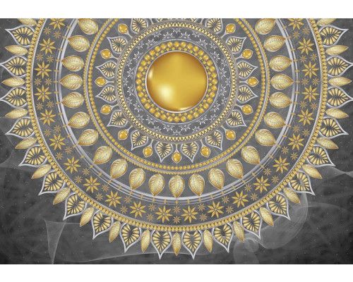 Goldenes Mandala auf einem grauen Hintergrund, dargestellt in einer künstlerischen Fototapete mit Raffinesse.