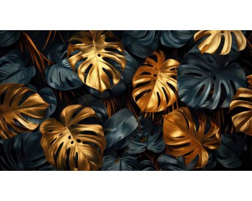 Fototapete Goldene Monstera Blätter im Jungle Stil mit luxuriösen Goldakzenten und dunklem Hintergrund.