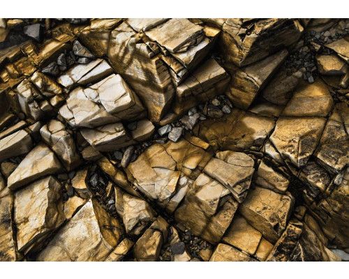 Fototapete mit goldenen Felsen und Felsblöcken, Naturlandschaft.