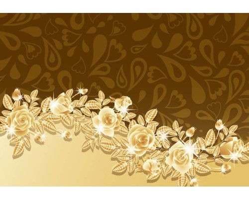 Fototapete mit goldenen Rosen und Blumen, mit abstrakten Kunsteinflüssen.