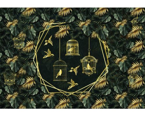 Fototapete mit goldenen Vögeln im Dschungel, umgeben von Blättern und Vogelkäfigen.