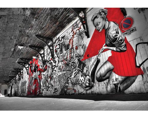 Modernes Graffiti an einer Wand, abstrakt und mit 3D-Effekten, auf Fototapete.