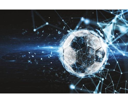 3D-Fototapete mit einer Grafik, die einen Fußball in Aktion zeigt, wobei der Ball Geschwindigkeit und Kraft ausstrahlt.