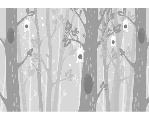 Fototapete mit grauen Bäumen in einer verschneiten Landschaft, winterlich und beruhigend.