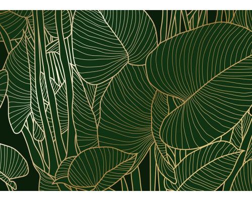 Eine Fototapete mit grünen Blättern und goldenen Details, die tiefe Grüntöne mit subtilen goldenen Akzenten für ein luxuriöses Aussehen kombiniert.