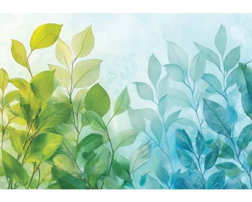 Fotobehang met klassieke botanische bladeren in zachte groentinten op een lichte achtergrond.