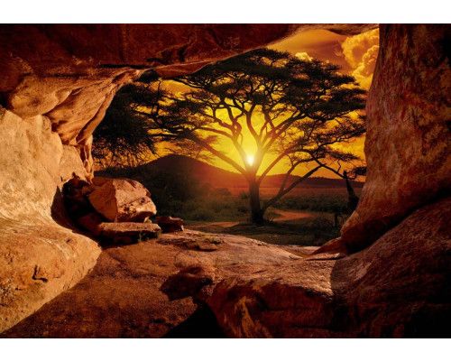 Höhle mit Sonnenuntergang, Fototapete mit einem schönen Blick auf den Horizont für eine heitere und warme Atmosphäre.