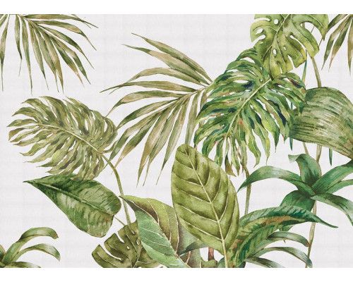 Eine Fototapete mit großen grünen Blättern, mit üppigen tropischen Blättern in tiefen Grüntönen, die ein lebendiges und natürliches Aussehen verleihen.