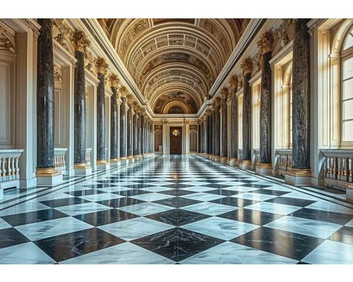 Fototapete einer luxuriösen goldenen Halle mit 3D-Gebäuden, in einer stilvollen Umgebung.