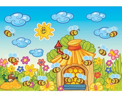 Fröhliche Bienen auf dieser Fototapete, die speziell für das Kinderzimmer oder Babyzimmer entworfen wurde.