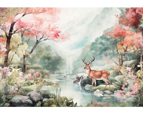 Fototapete eines Rehs in der Wildnis, umgeben von Wald und natürlichen Elementen.