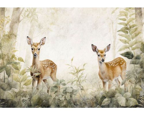 Fototapete von Hirschen in einer Waldlandschaft mit verspielten Waldtieren.