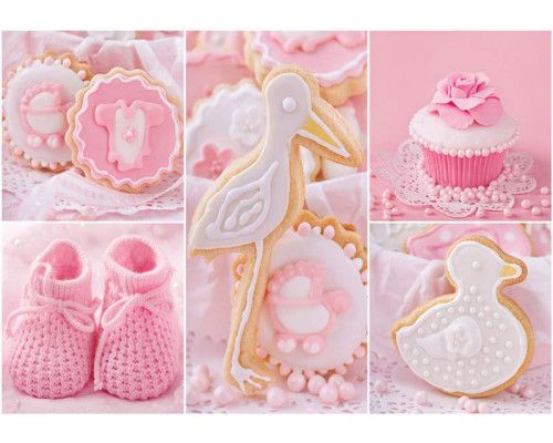 Fototapete mit der Aufschrift 'It's a girl', rosa Babyzimmergestaltung im Cupcake-Stil.