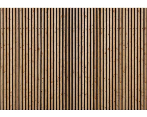 Fototapete aus Holzpaneelen und Lamellen, mit Akustik-Wandpaneel-Design.