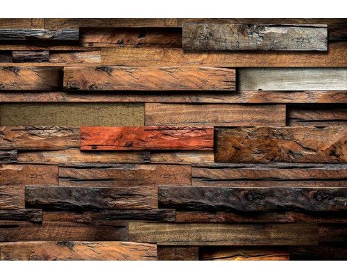 Fototapete aus Holzleisten mit 3D-Effekt, Regale im rustikalen Stil.