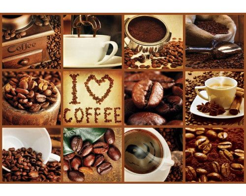 Collage aus Kaffeebohnen, Fototapete mit einem warmen und beruhigenden Look für Küchen und Cafés.