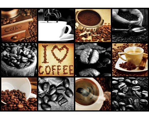 Schwarze Rahmen-Kaffee-Collage, Fototapete mit einer stilvollen und modernen Darstellung von Kaffeebohnen.