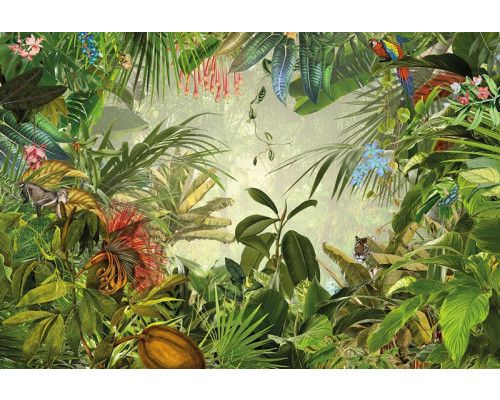 Into the Wild - Dschungelblumen und -pflanzen, dargestellt in einer künstlerischen Fototapete, für eine abenteuerliche Atmosphäre.