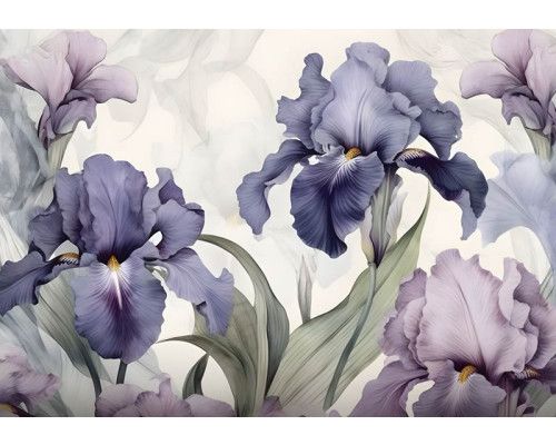 Lila Irisblüten stehen im Mittelpunkt dieser Fototapete mit einer detaillierten Darstellung der blühenden Pflanzen.