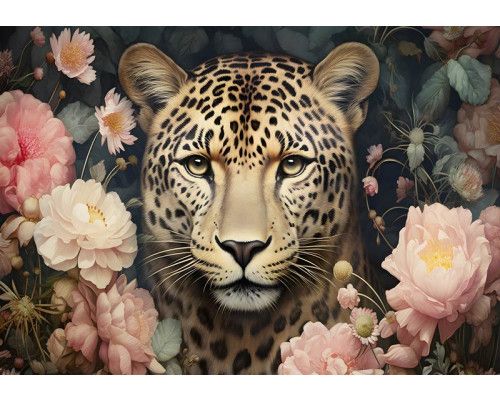 Fototapete eines imposanten Jaguars inmitten von Blumen, die die leopardenähnliche Kreatur in ihrer Umgebung dramatisch darstellt.