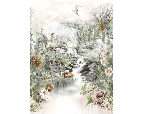 Fototapete eines ruhigen japanischen Gartens mit zarten Blumen, die in einer künstlerischen Abstraktion dargestellt sind.