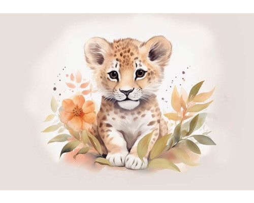 Fototapete mit einem jungen Löwenjungen, verspielt und ideal für Kinderzimmer.