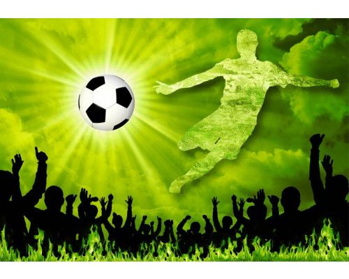 Jubelnde Fußballfans bei einem Tor, eingefangen in leuchtenden Farben auf einer verspielten Kindertapete.