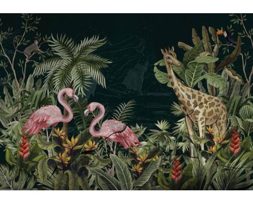 Fototapete mit Dschungeltieren in einer tropischen, natürlichen Umgebung mit vielen Details.