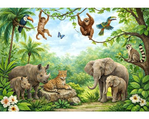 Dschungeltier-Fototapete im Kinderzimmer mit Elefanten, Affen und einem Leoparden inmitten tropischer Pflanzen.