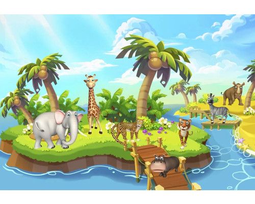 Fototapete mit Dschungeltieren, perfekt für das Babyzimmer.