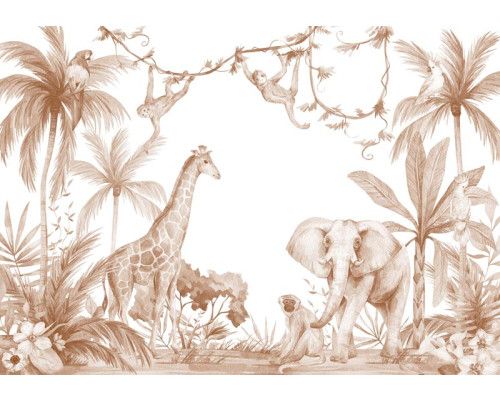 Een fotobehang in terracotta kleuren met allemaal dieren zoals een olifant, aap, giraffe en een papegaai in de jungle.