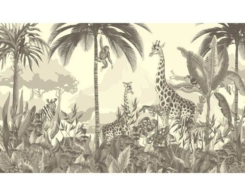 Fototapete von Dschungeltieren auf Safari in Schwarz-Weiß, mit einem tropischen Touch, der die wilde Natur hervorhebt.