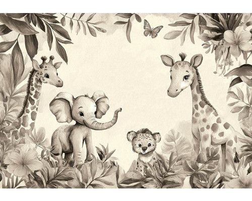 Fototapete mit einem Elefanten, Giraffen und einem Elefantenbaby zwischen tropischen Blättern und Blumen in sanften Taupe- und Sandtönen.