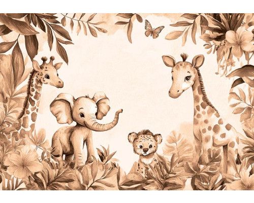 Fototapete mit Dschungeltieren wie einem Elefanten, Giraffen und einem Jungtier zwischen Blättern und Blumen in warmen Terrakotta-Tönen.